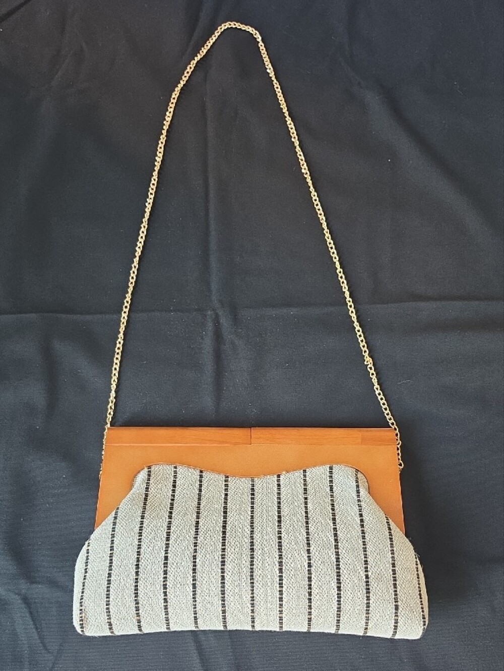 Striped Knit Clutch in Cream and Black with Tan Accent - Picture 3 of 10